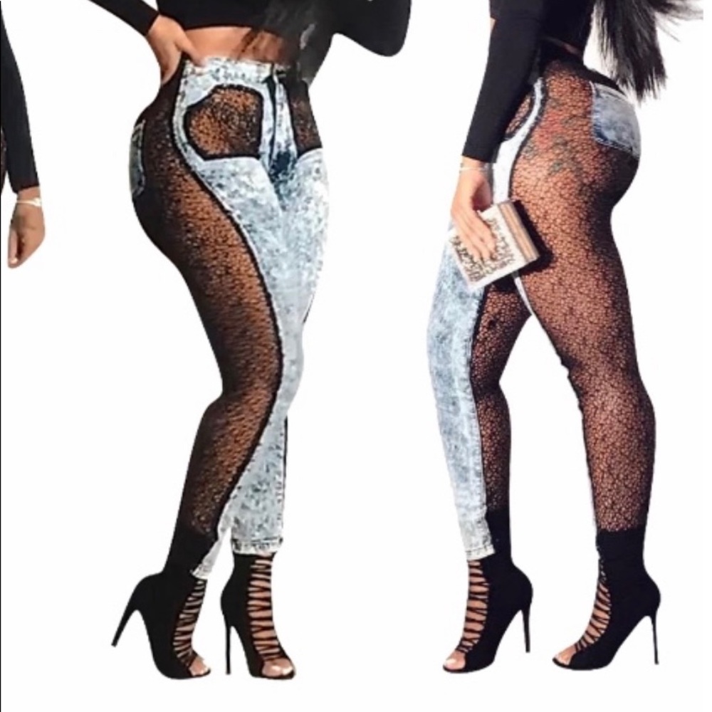 Mesh Lace Skinny Jeans Denim Jeans
